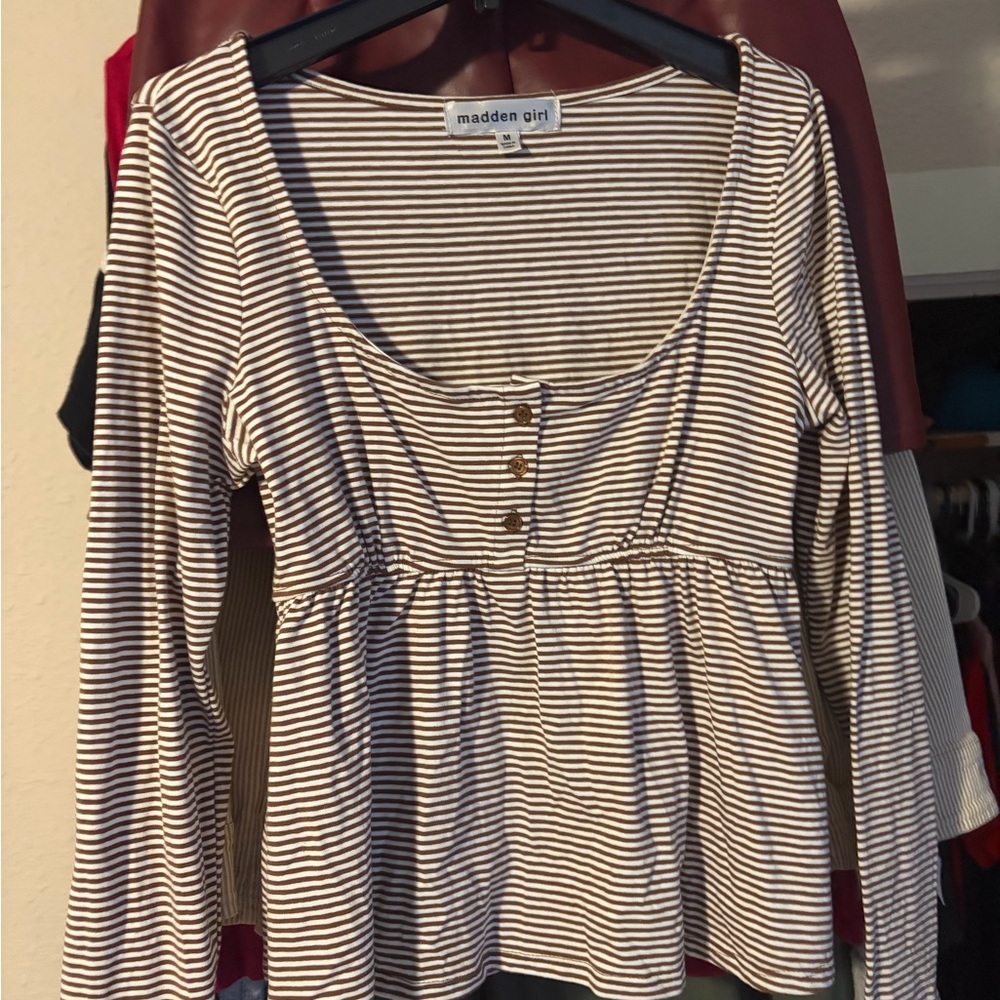 Madden Girl Brown & White Striped Long-Sleeve Peplum Top with Button Front